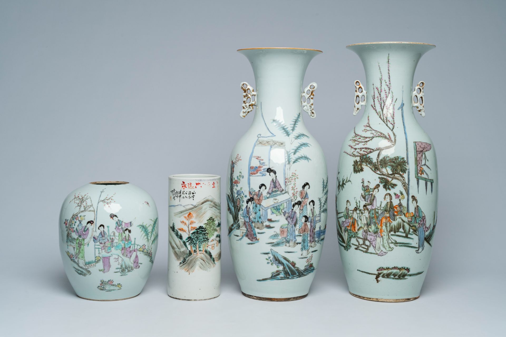 Two Chinese famille rose vases, a jar and cover with ladies in a garden and a qianjiang cai hat stan - Image 2 of 7