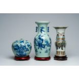 A Chinese blue and white celadon ground vase with figures in a garden, a ginger jar and a famille ro