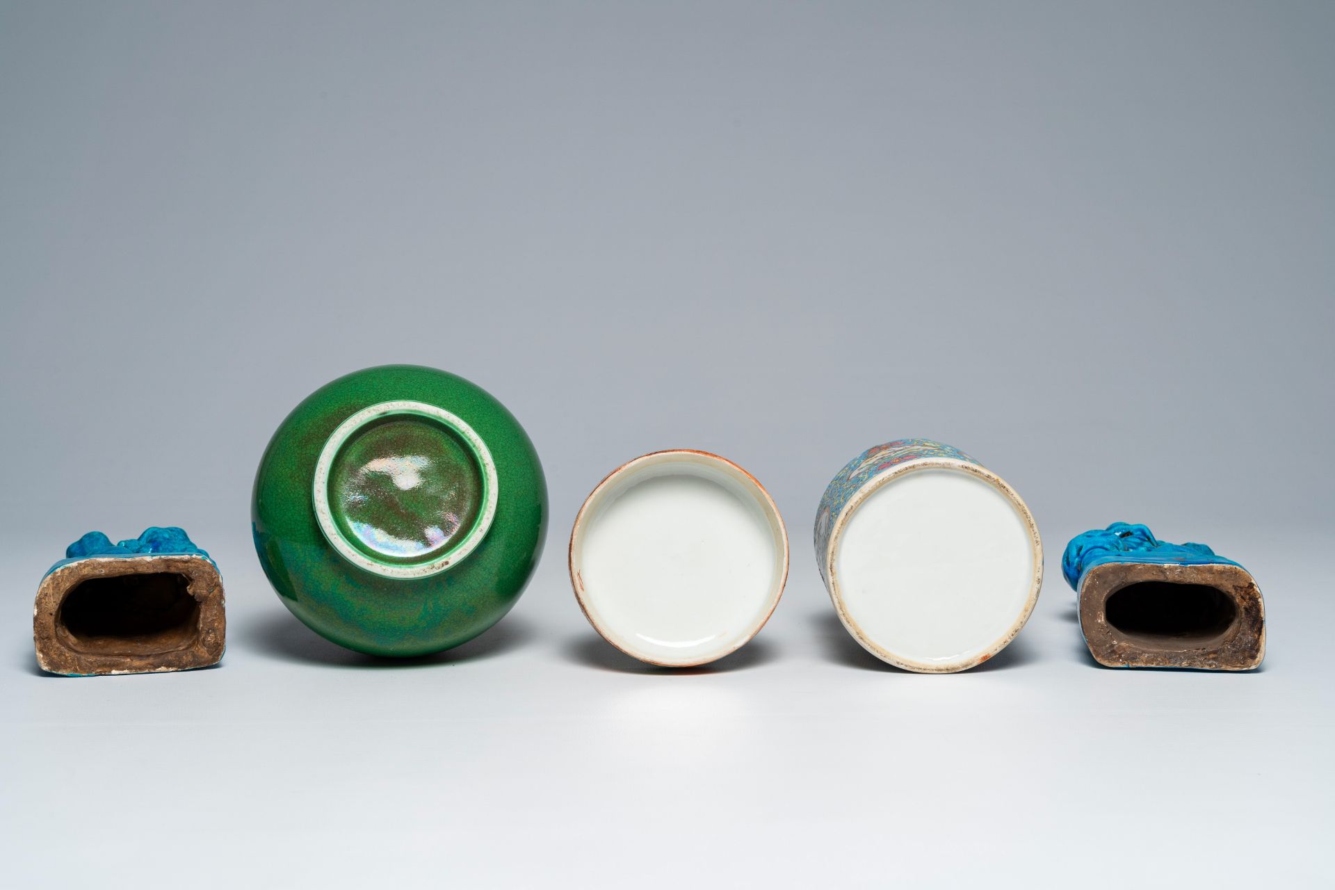A Chinese Canton famille rose jar and cover, a monochrome green vase and a pair of turquoise glazed - Image 7 of 7