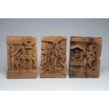 Three decorative South-Indian carved wood architectural elements with mythological scenes, 19th C.