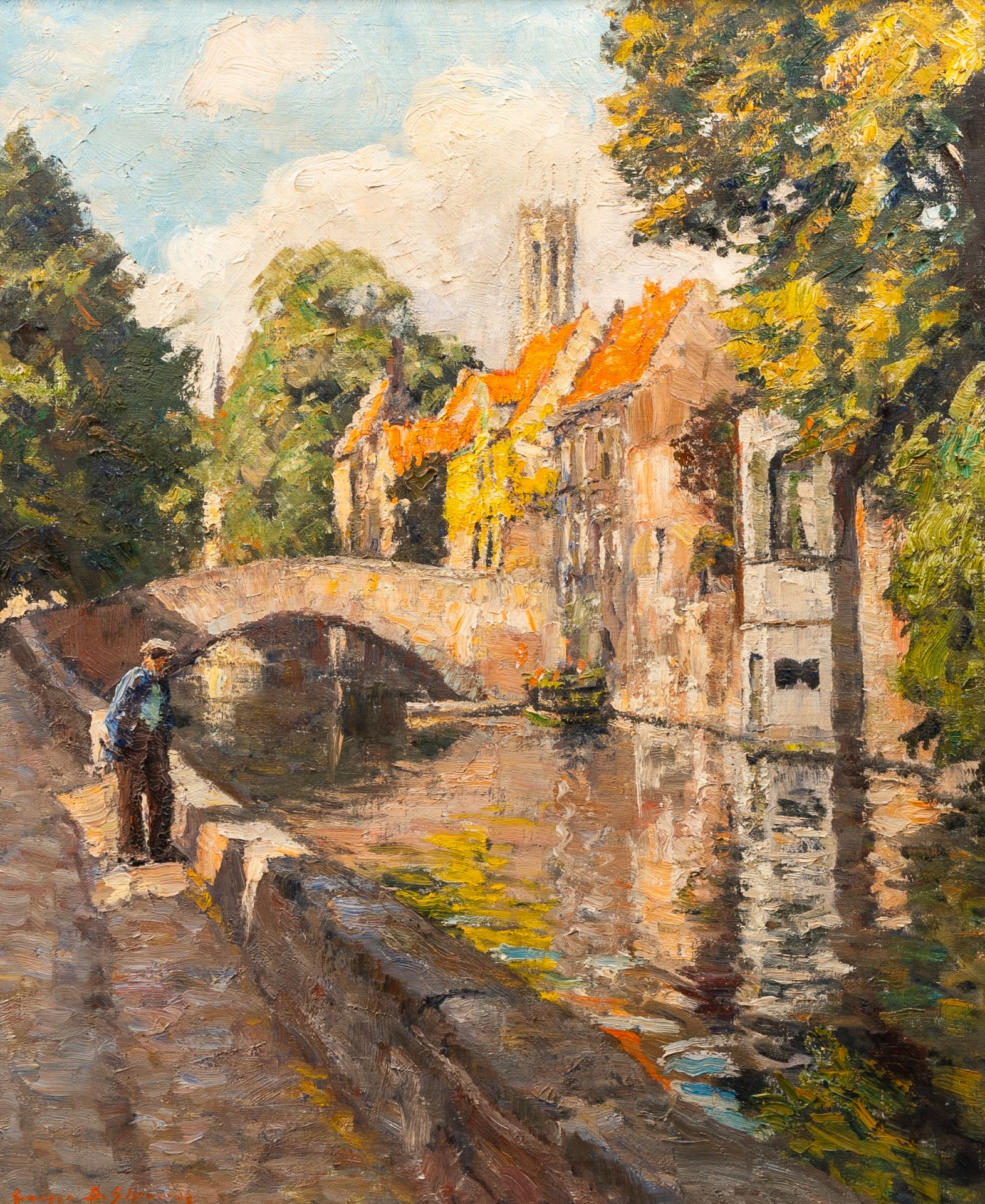 Georges De Sloovere (1873-1970): Animated Bruges cityscape ('Peerdenbrug'), oil on canvas