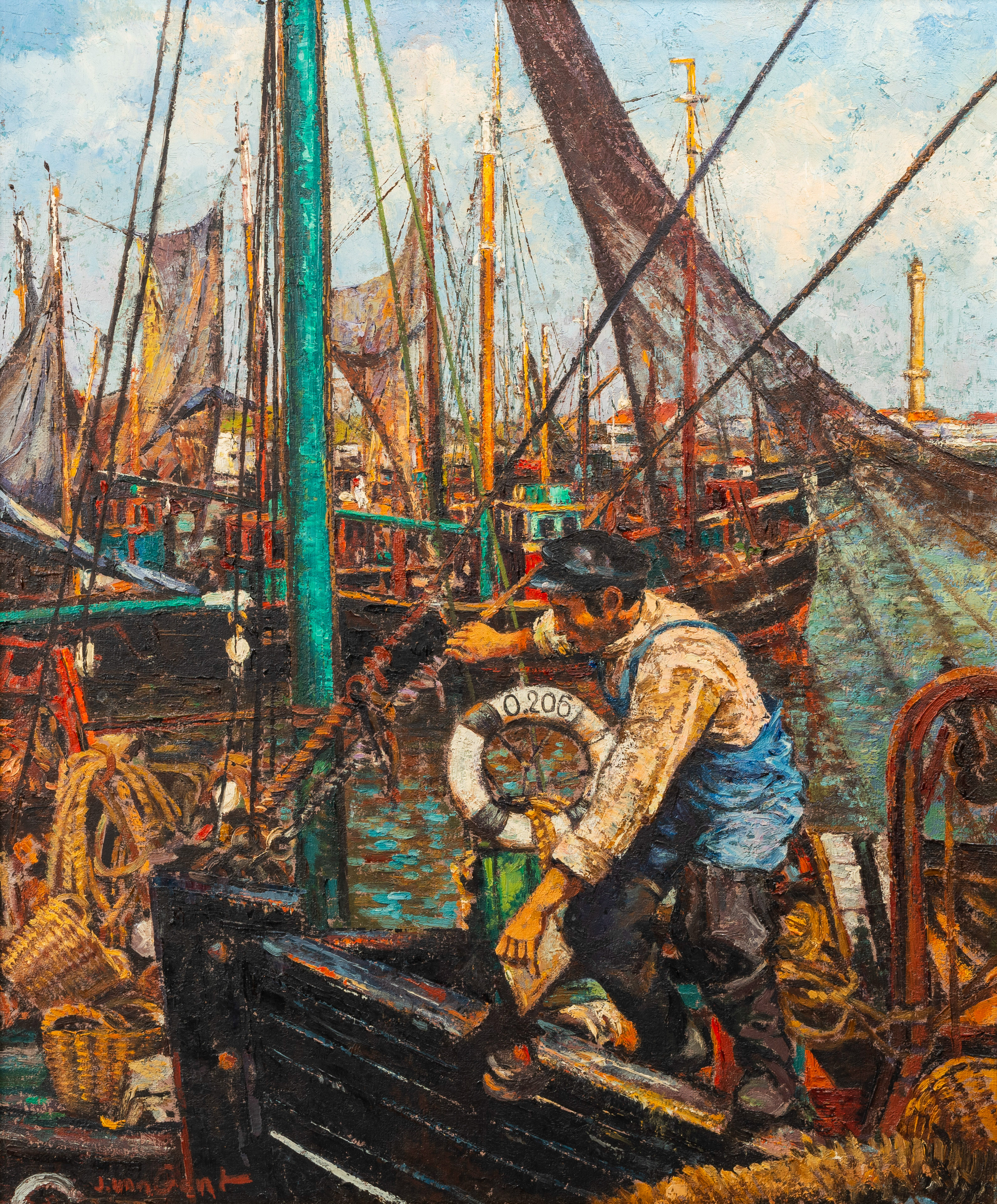 Jan van Gent (alias for Jef van Tuerenhout, 1926-2006): Fisherman at work in the harbour, oil on can