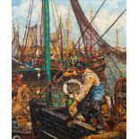 Jan van Gent (alias for Jef van Tuerenhout, 1926-2006): Fisherman at work in the harbour, oil on can
