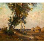 Emile Van Doren (1865-1949): Birches and haystacks in a landscape, oil on canvas