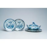 A pair of Chinese blue and white plates with figures in a landscape and a tureen and cover on stand,