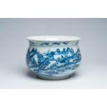 A large Chinese blue and white censer with a river landscape, 18th C. or later