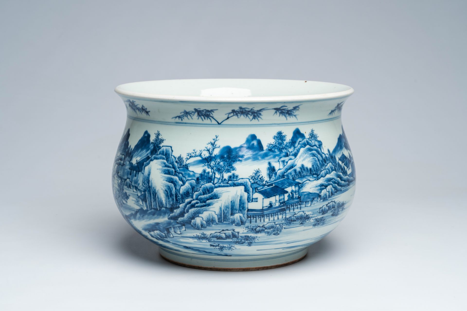 A large Chinese blue and white censer with a river landscape, 18th C. or later