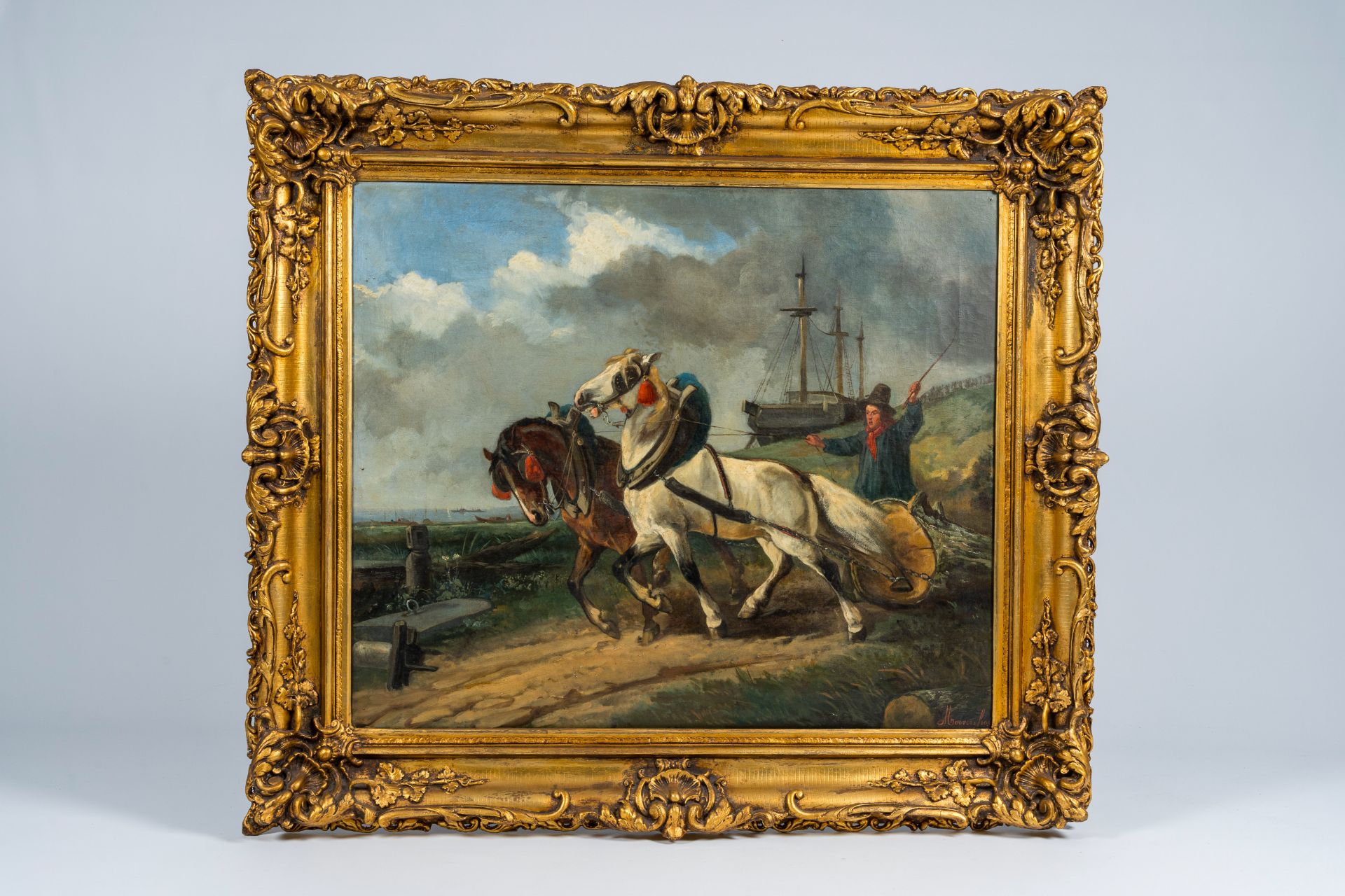Jozef Judocus Moerenhout (1801-1875, in the manner of): Driving the horses, oil on canvas, 19th/20th - Image 2 of 6