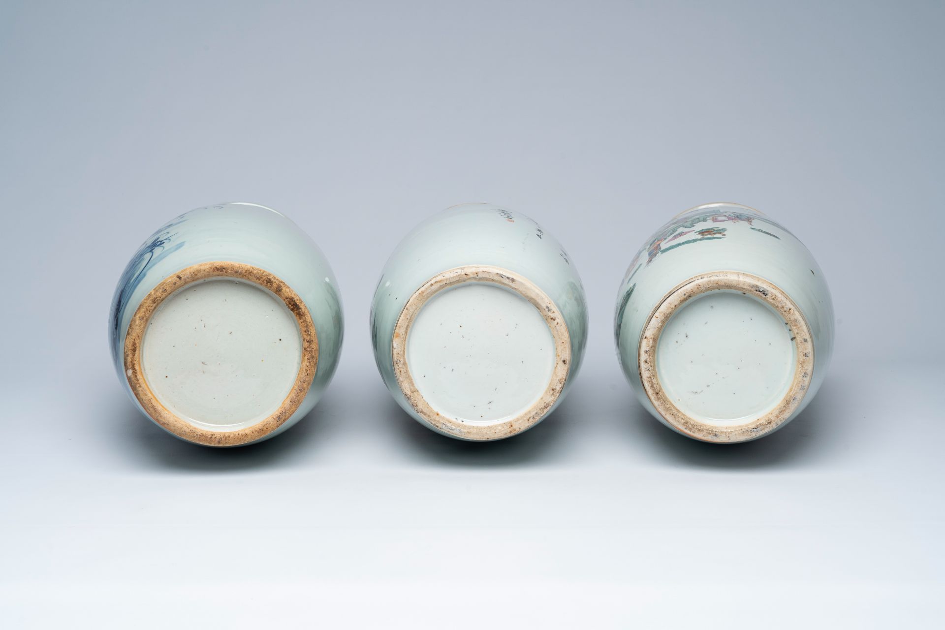 A pair of Chinese famille rose vases with ladies at leisure and a blue and white celadon ground 'dee - Image 5 of 5