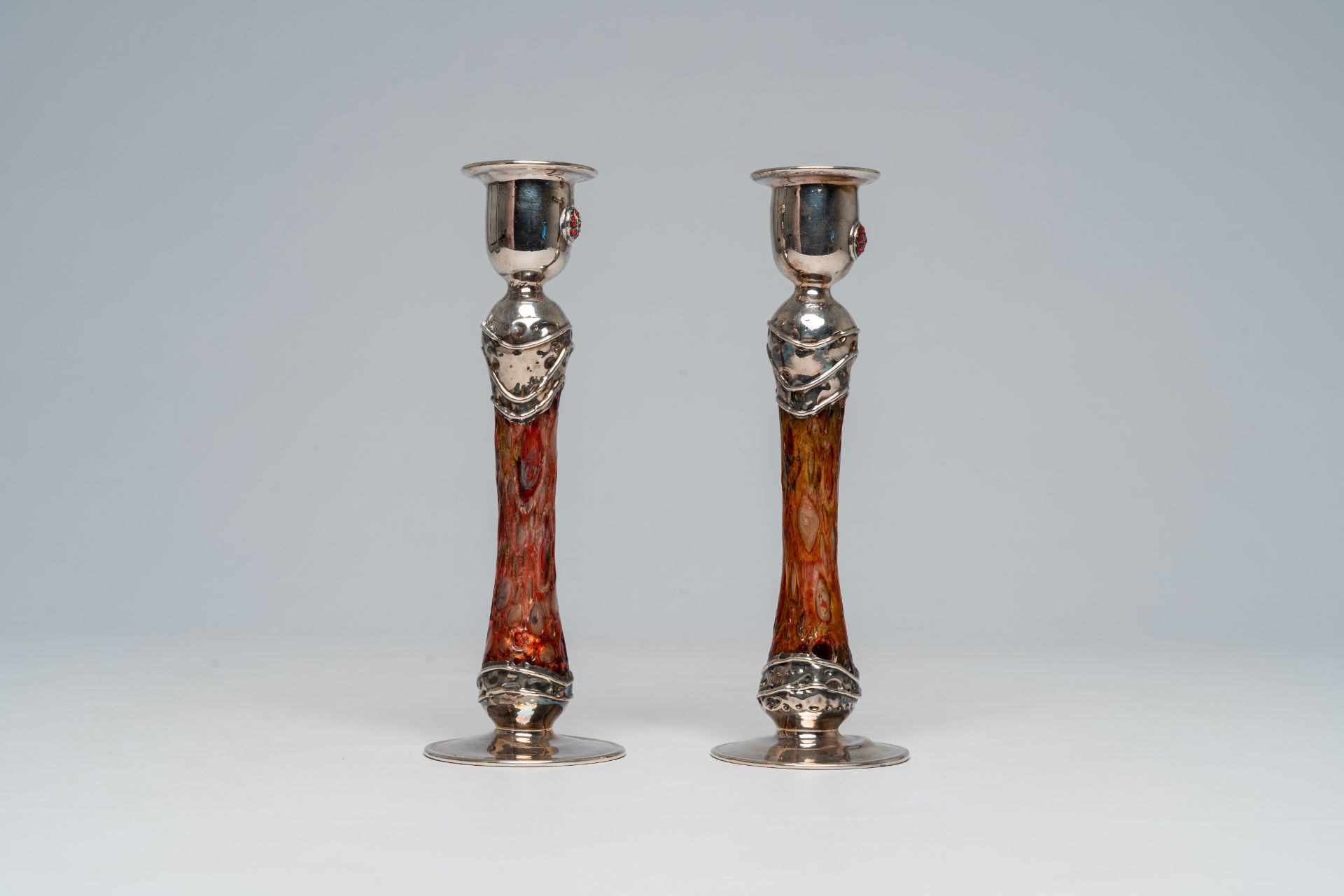 A pair of English or Scottish Arts & Crafts style silver and glass candlesticks, 20th C. - Image 5 of 11