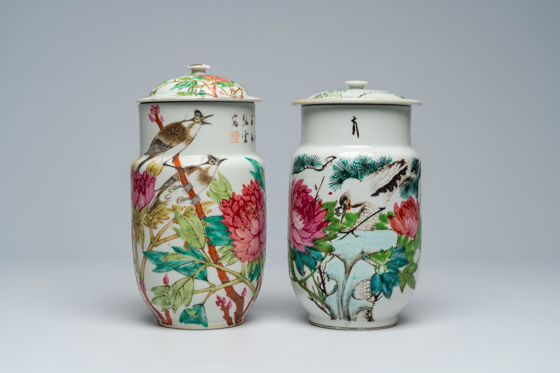 Two Chinese qianjiang cai jars and covers with birds among blossoming branches, 19th/20th C. - Image 2 of 8