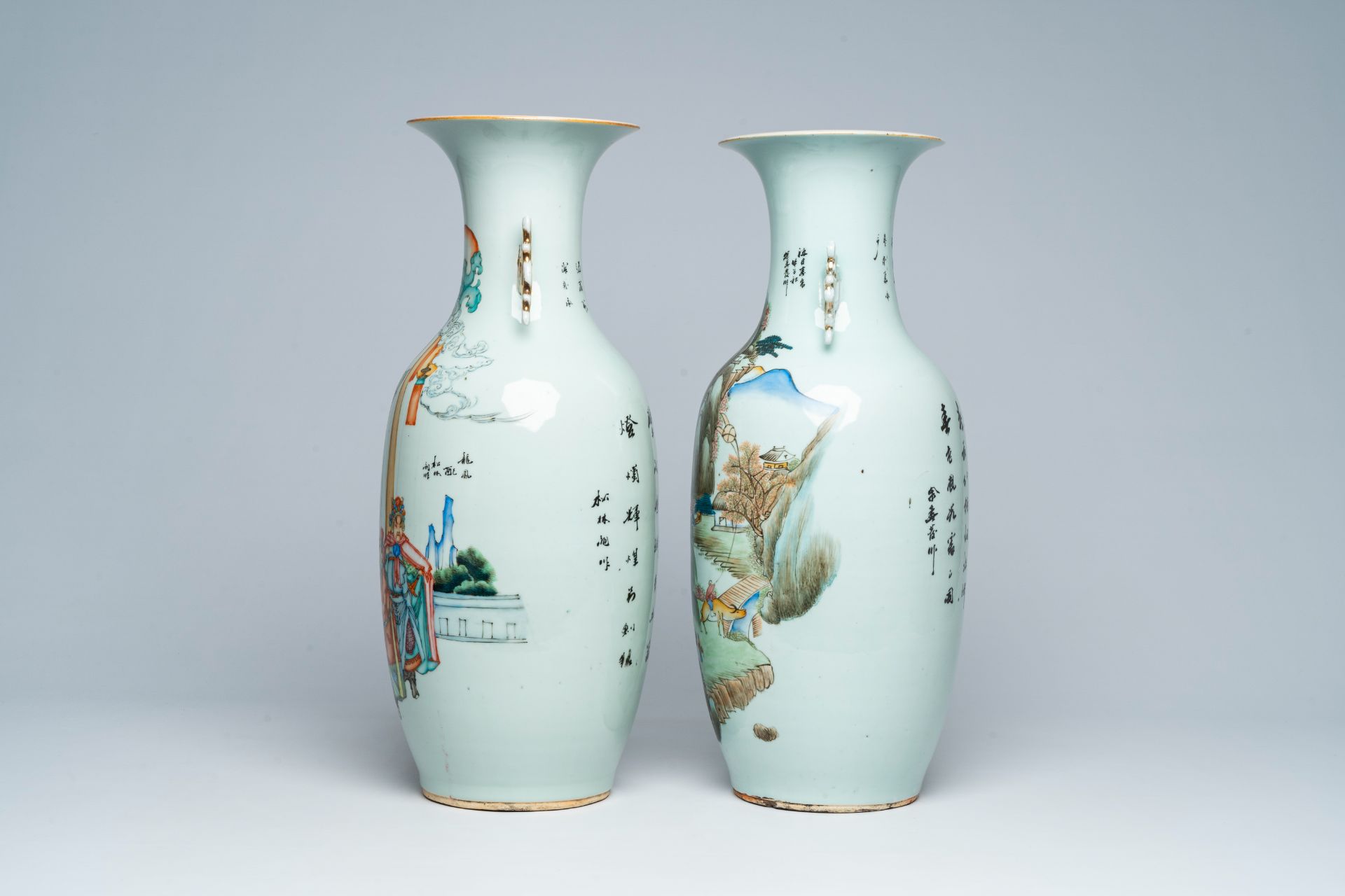 Two Chinese famille rose and qianjiang cai vases with figures in a palace garden and an animated lan - Image 3 of 7