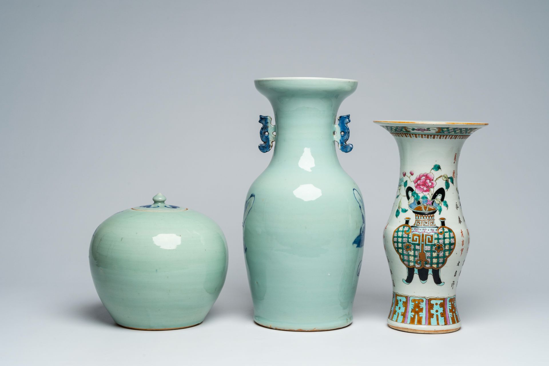 A Chinese blue and white celadon ground vase with figures in a garden, a ginger jar and a famille ro - Image 4 of 9