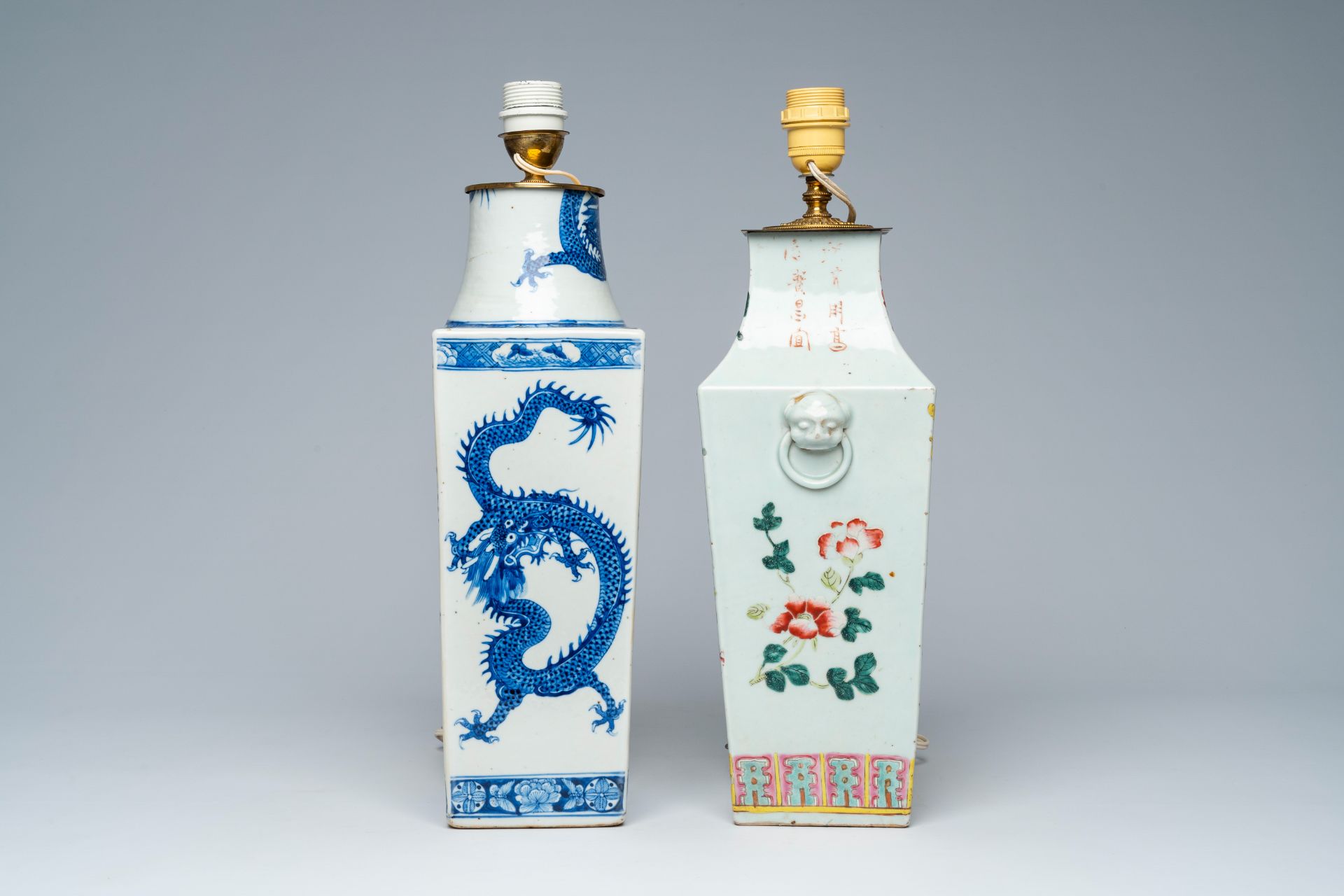 Two Chinese square blue, white and famille rose vases with dragons and antiquities mounted as lamps, - Image 5 of 8