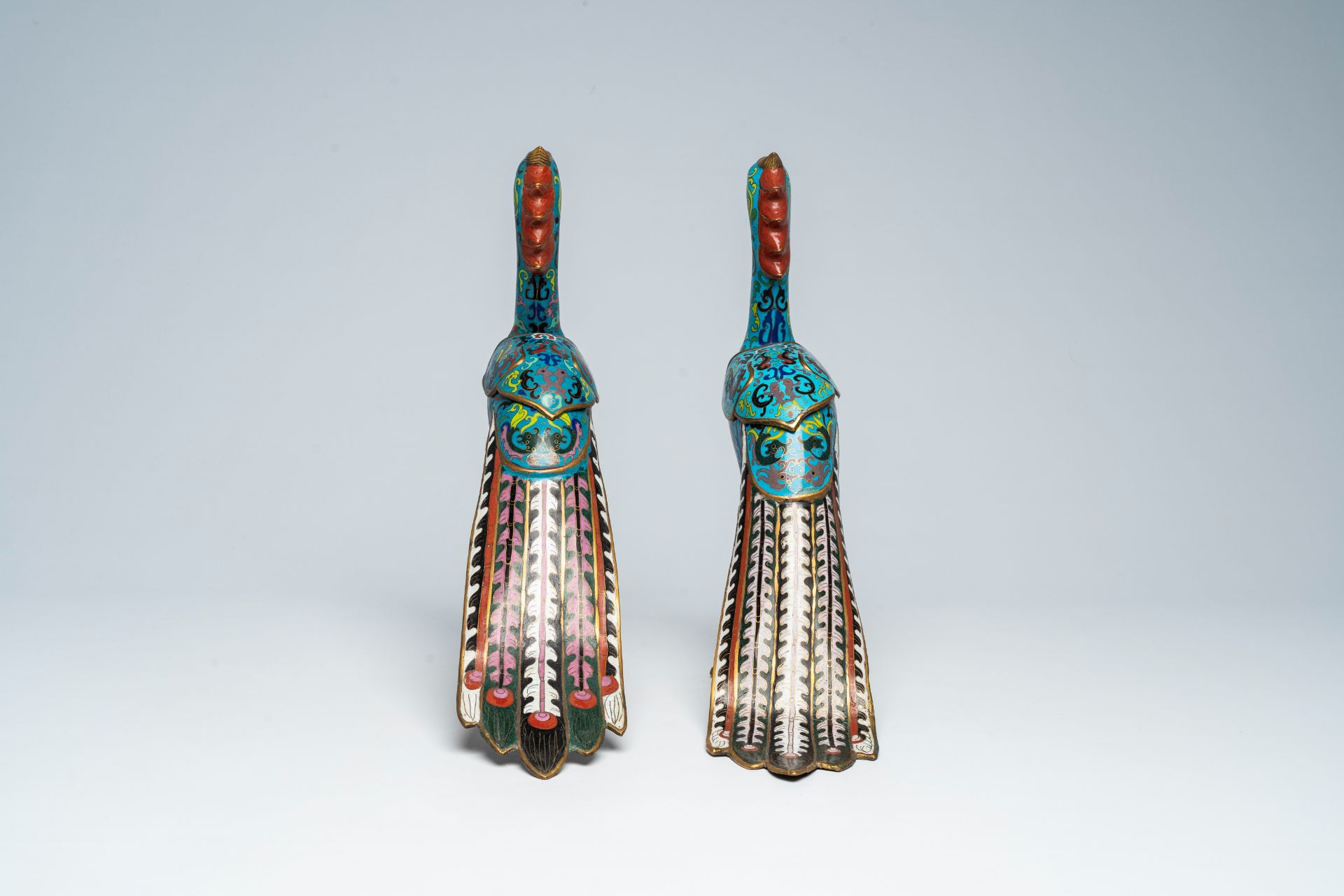 A pair of Chinese cloisonnÃ© phoenix-shaped incense burners, 20th C. - Image 4 of 8
