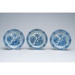 Three Chinese blue and white plates with pheasants among blossoming branches, Qianlong