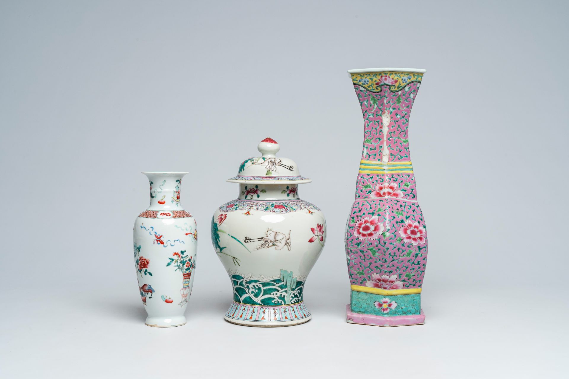 Three Chinese famille rose vases with floral design, 19th C. - Image 3 of 7
