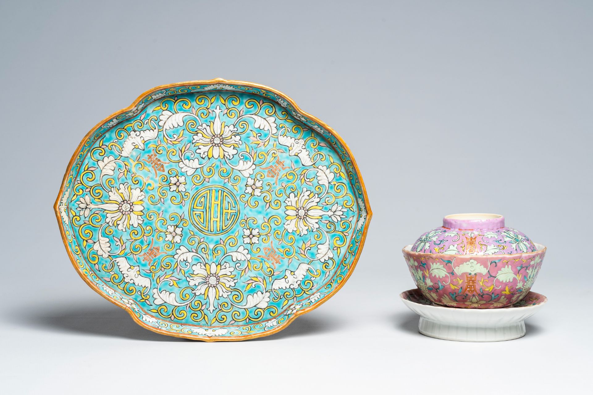 A Chinese famille rose bowl and cover on stand and a famille rose dish with bats and floral design,