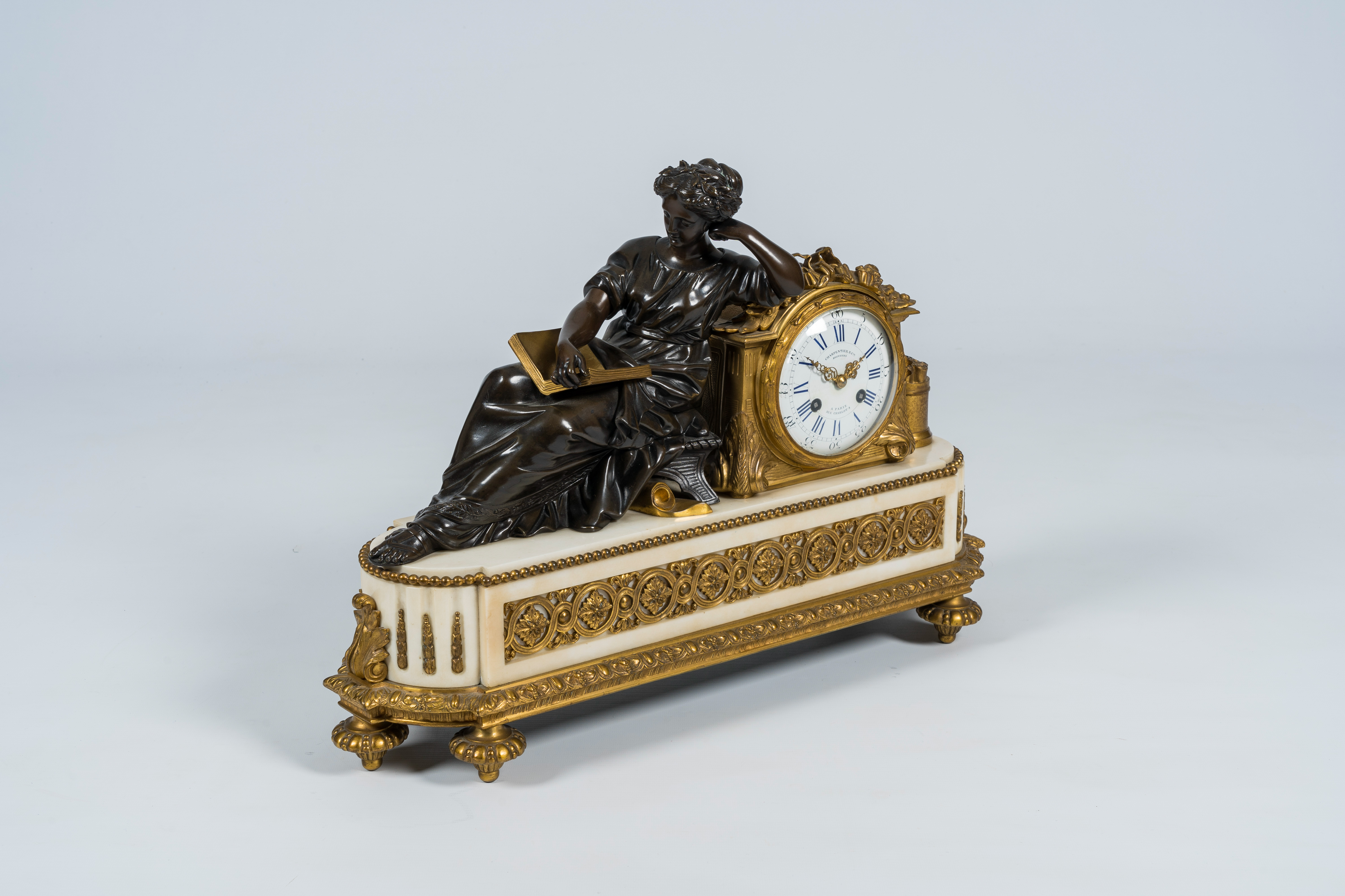 A French gilt bronze mounted white marble mantel clock with a reading lady, Charpentier & Cie, 19th - Image 2 of 9