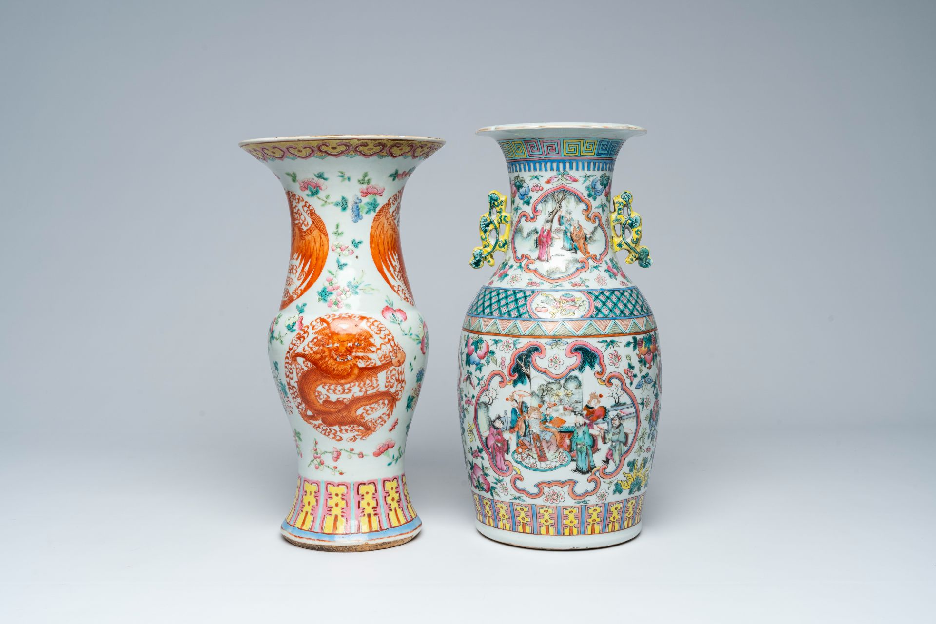 A Chinese famille rose vase with palace scenes and an iron red 'dragons and phoenixes' yenyen vase, - Image 4 of 7