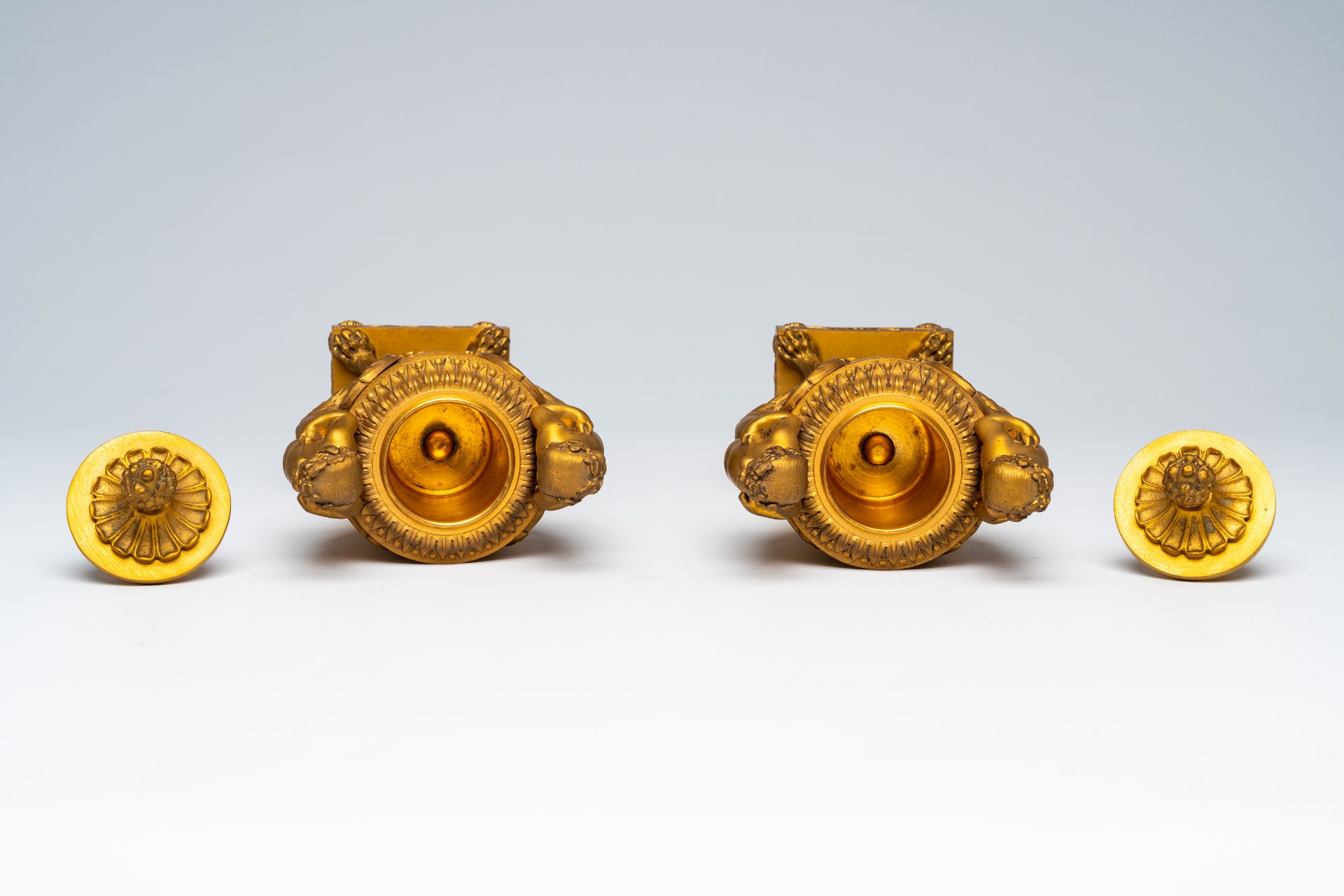 A pair of French gilt bronze vases and covers with bacchantes and lion's feet convertible into candl - Image 7 of 8