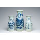 Three Chinese blue and white celadon ground vases with antiquities and floral design, 19th C.