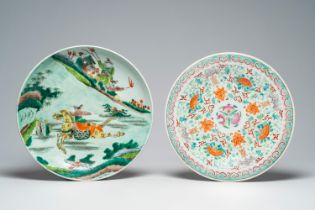 A Chinese famille verte 'horse rider' charger and a famille rose 'Shou' dish, 19th C.