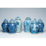 Six Chinese blue and white vases and covers with 'double happiness' and floral design, 19th/20th C.