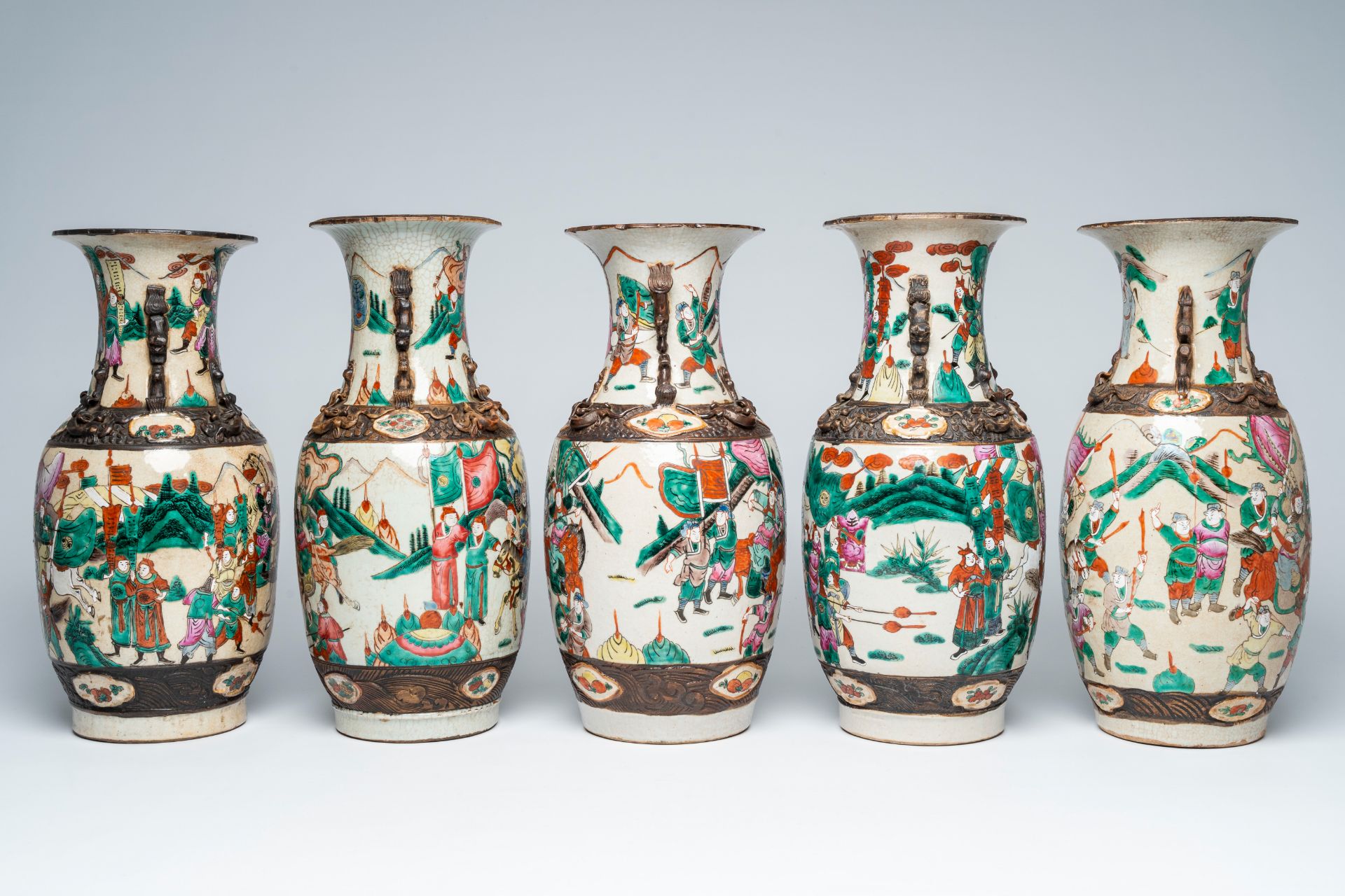 Five Chinese Nanking crackle glazed famille rose 'warrior' vases, 19th/20th C. - Image 4 of 6