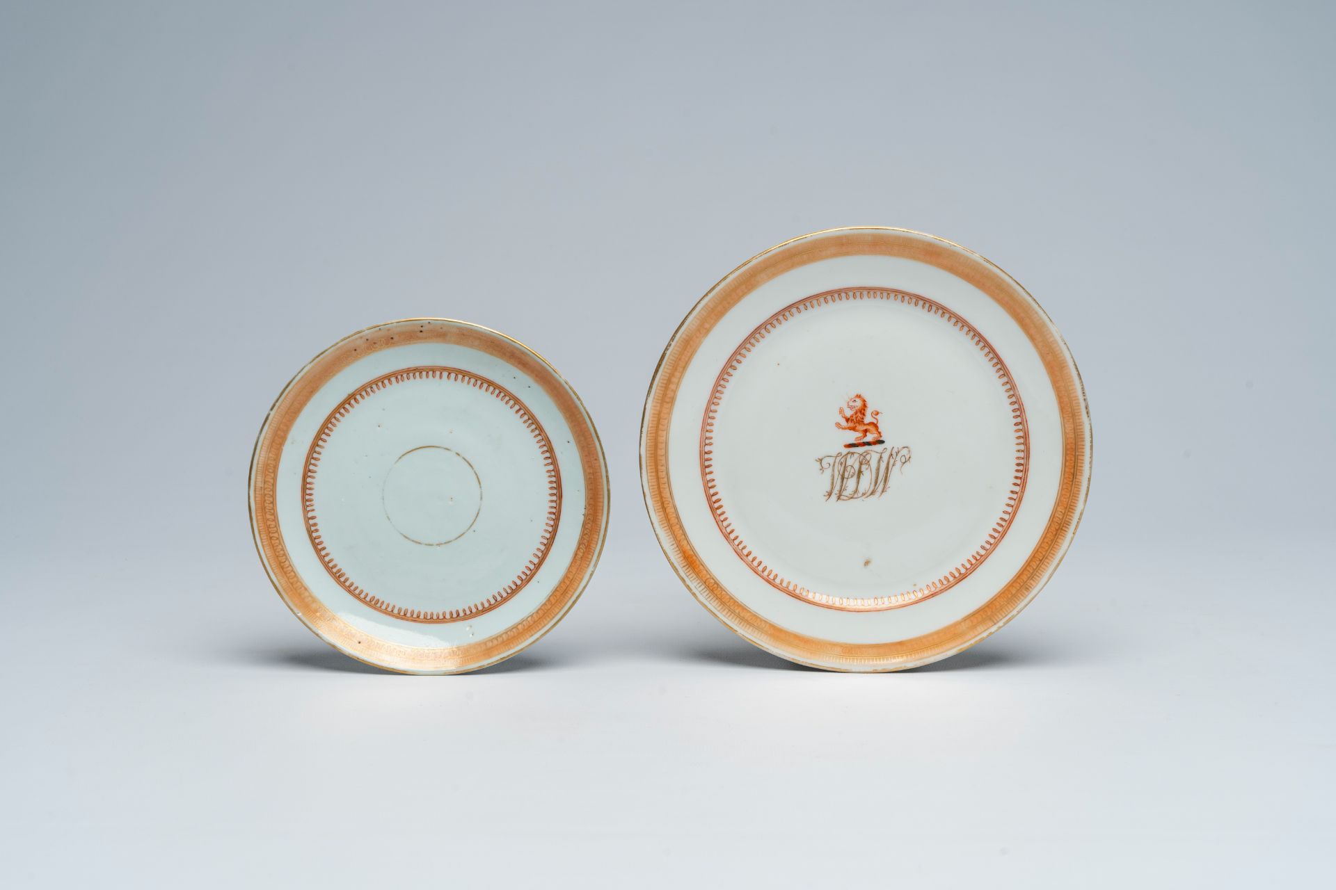 Two Chinese monogrammed armorial plates and a cup, Jiaqing - Image 2 of 8