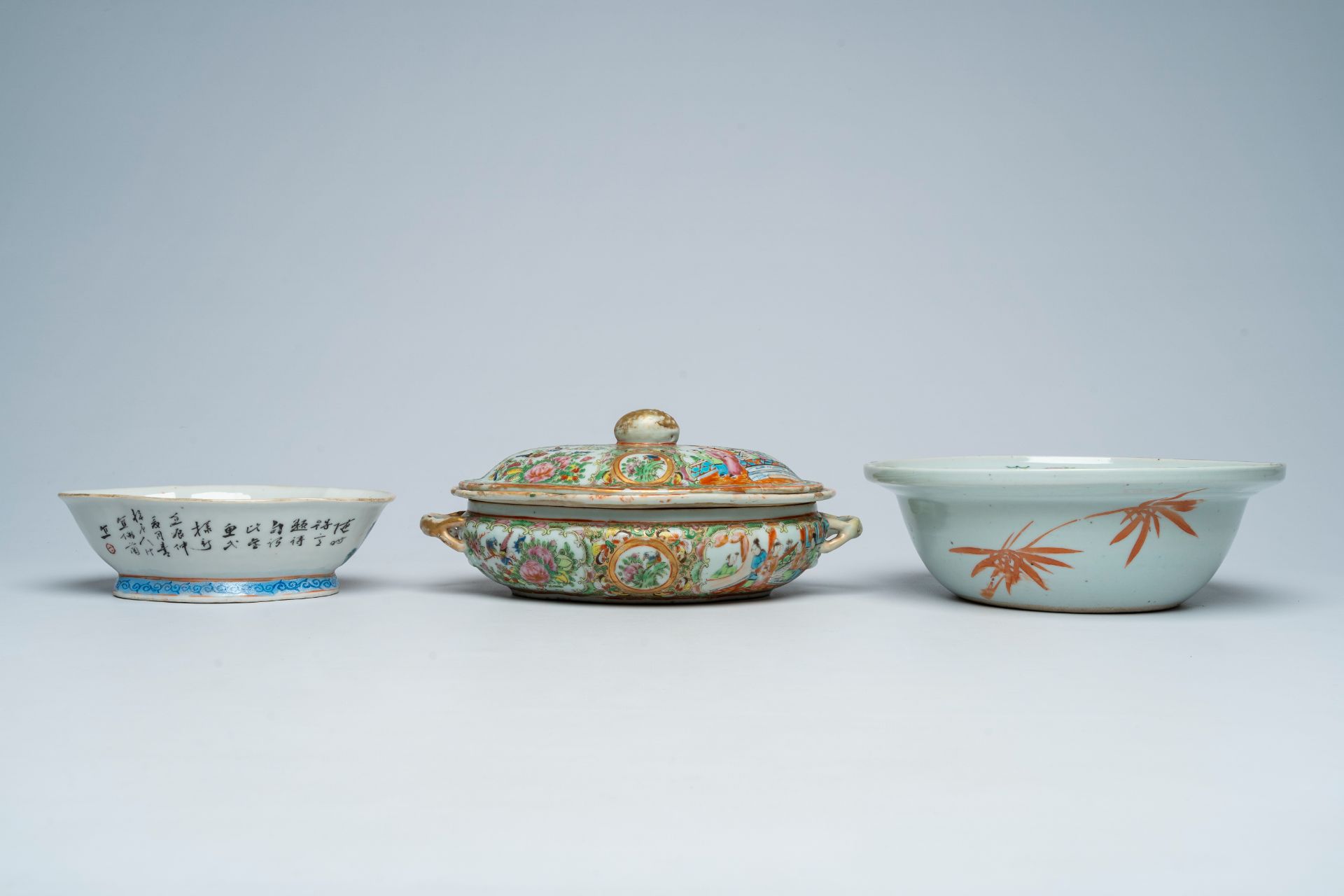 Three various Chinese famille rose bowls and a Canton tureen and cover with palace scenes and floral - Image 5 of 11