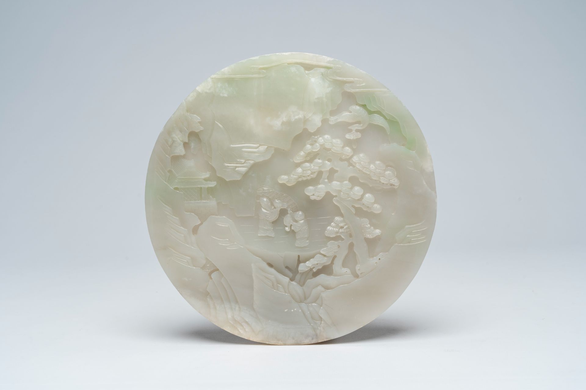 A large Chinese white jade plaque with figures in a landscape on a wooden stand, 19th/20th C - Image 5 of 9