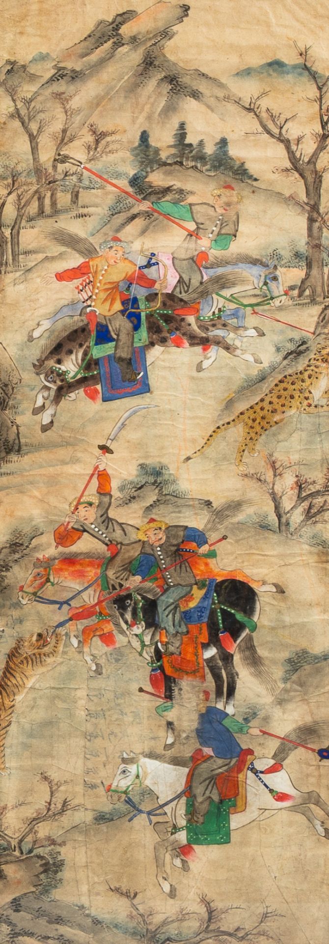 Chinese school: Five paintings with hunting scenes, ink and colours on paper, 19th C. - Image 4 of 7