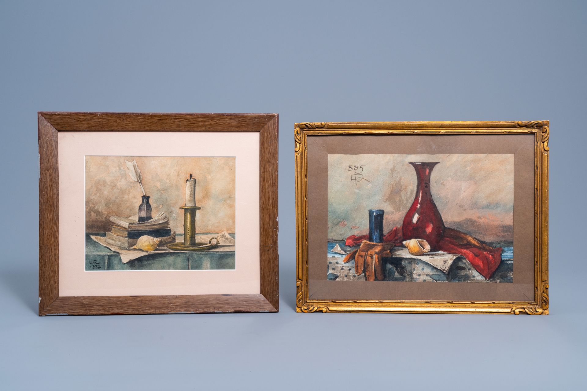 Louis Joseph Reckelbus (1864-1958): Two still lifes, mixed media on paper, dated 1882 and 1885