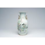 A Chinese famille rose double design vase with ladies in a garden and butterflies among blossoming b