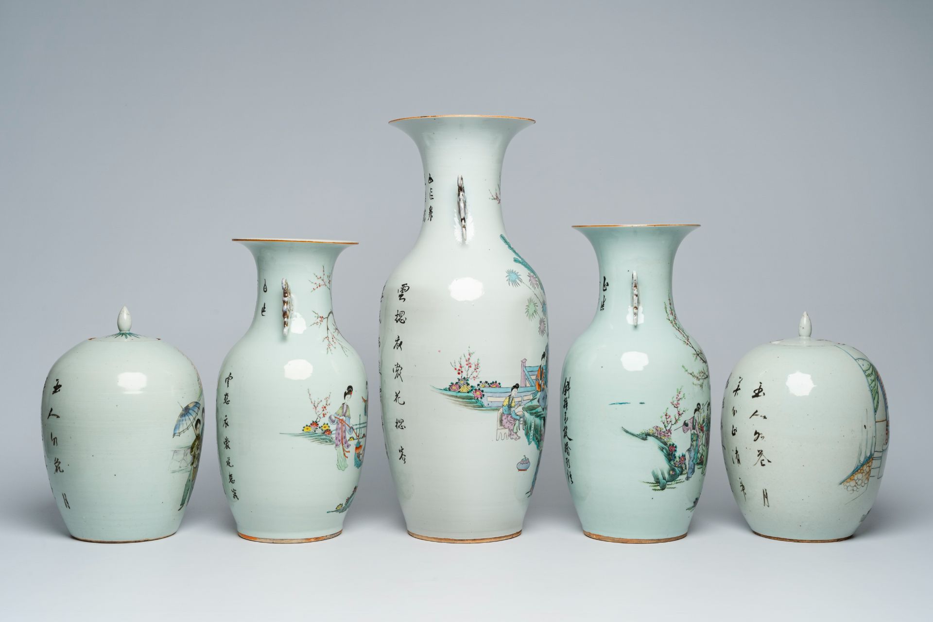 Three Chinese famille rose and qianjiang cai vases with ladies in a garden and two jars and covers, - Image 5 of 11