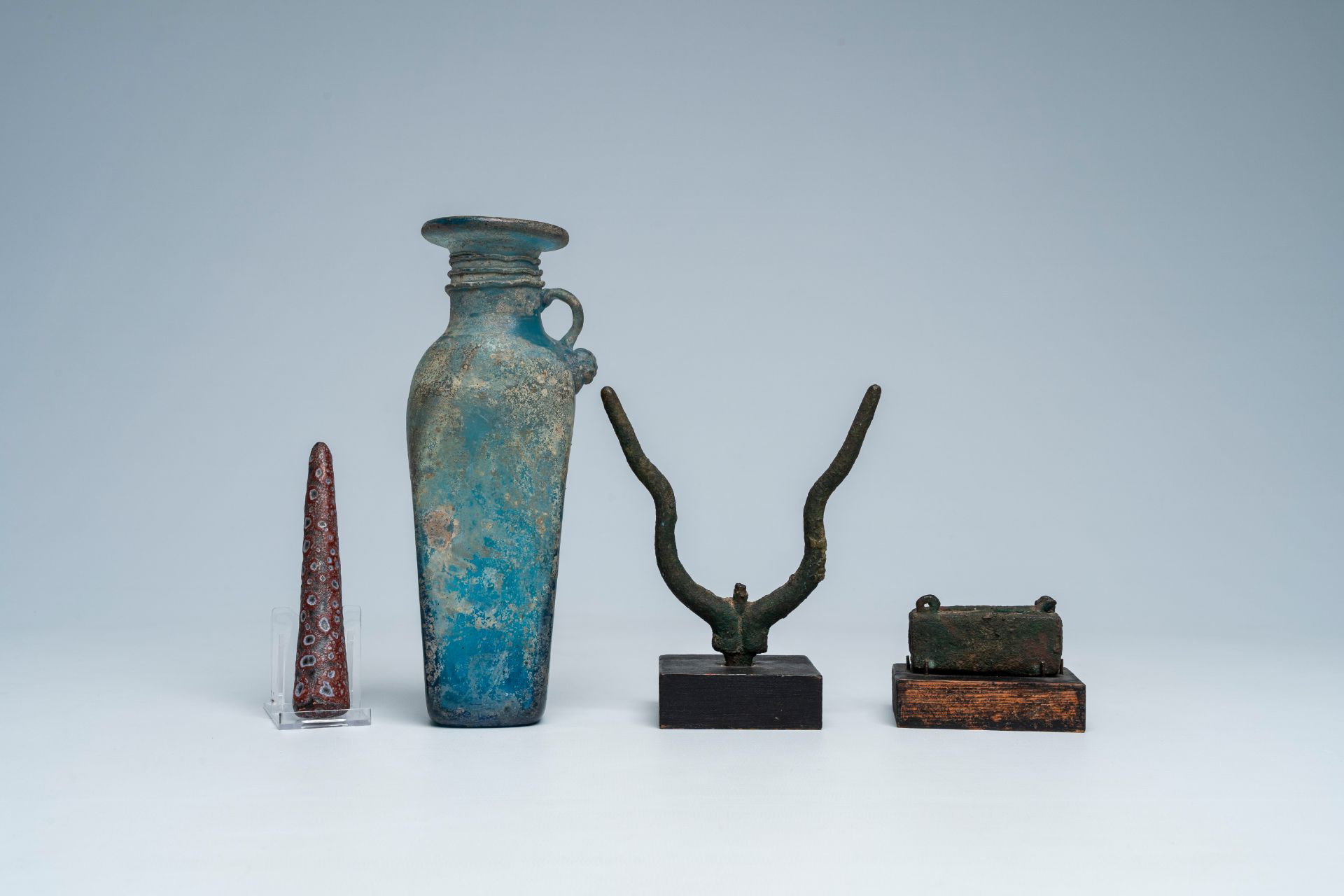A varied collection of archaeological finds and a blue glass bottle with glass thread design, possib - Image 3 of 8