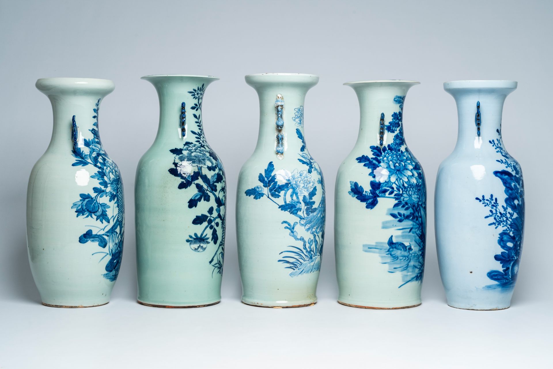 Five Chinese blue, white and celadon ground vases with animals and floral design, 19th C. - Image 4 of 6