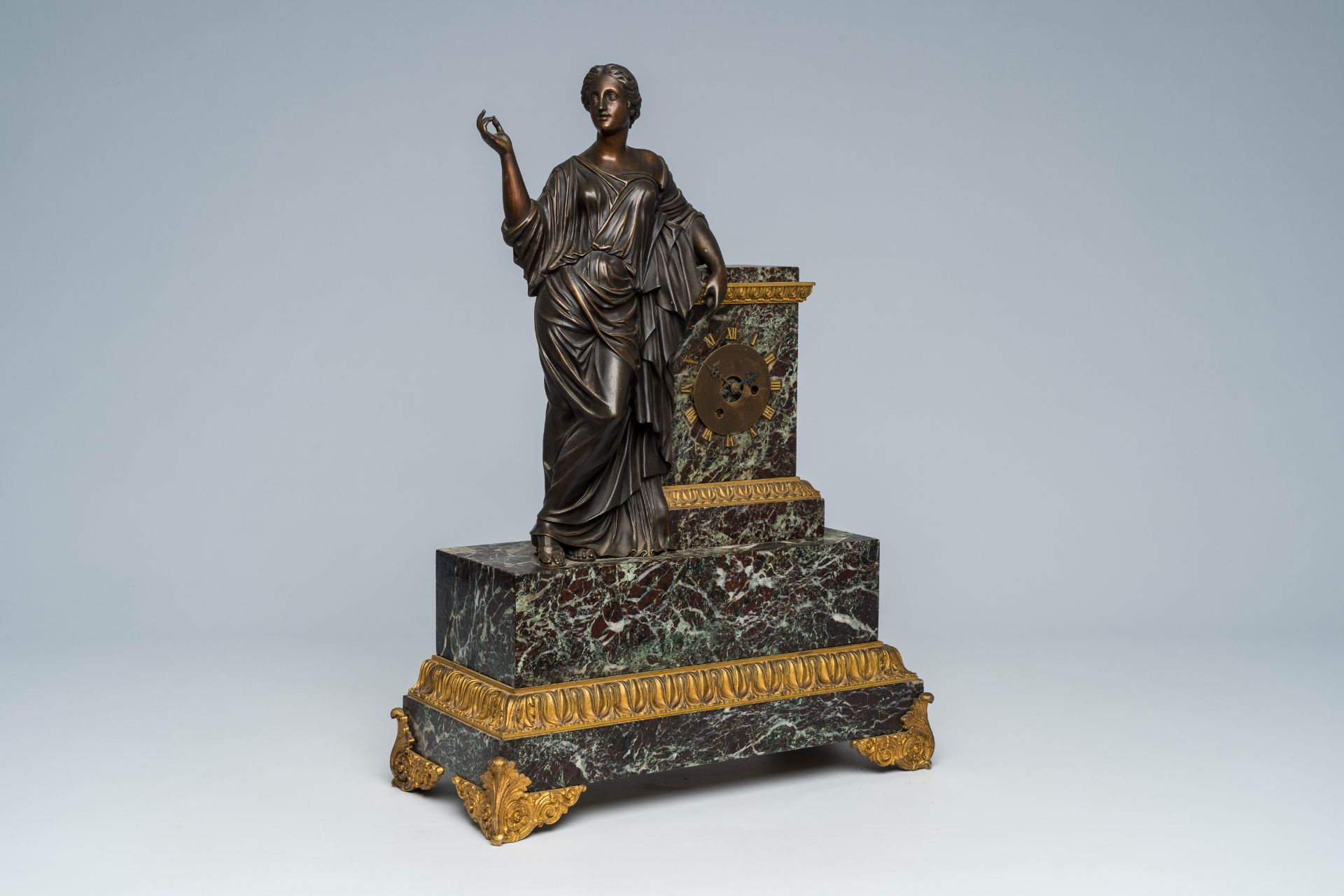 A French gilt and patinated bronze mounted marble mantel clock with an elegant lady, 19th C. - Image 2 of 9