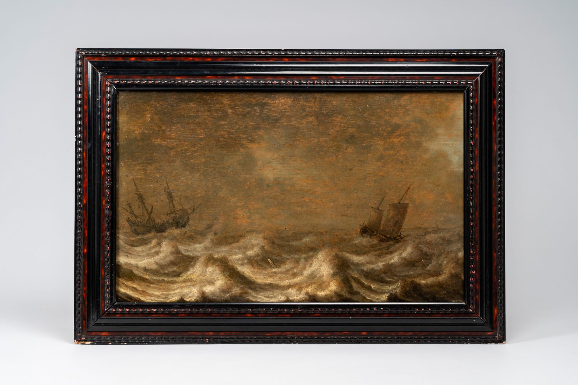 Pieter Mulier I (1615-1670): Shipping on a stormy sea, oil on panel - Image 2 of 6