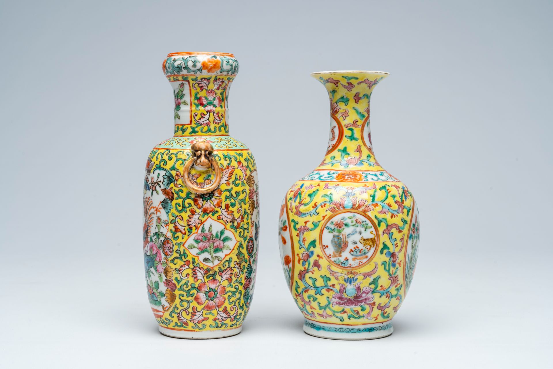 Two Chinese famille rose yellow ground vases with antiquities and floral design, 19th C. - Image 2 of 6