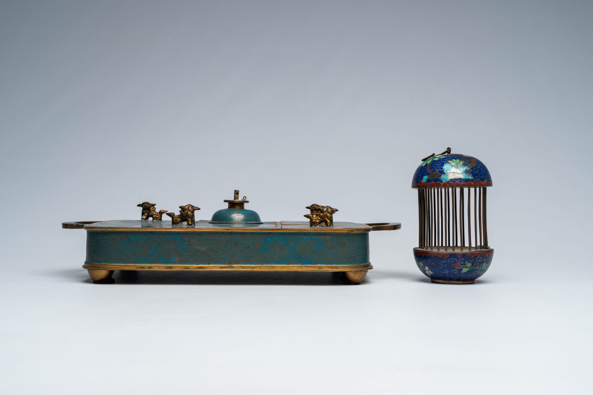 A Chinese blue and white strainer, a collection of cloisonne and a necklace of inside painted glass - Image 6 of 13