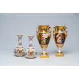 A pair of French gilt and polychrome vases and a pair of famille rose style vases with a coat of arm