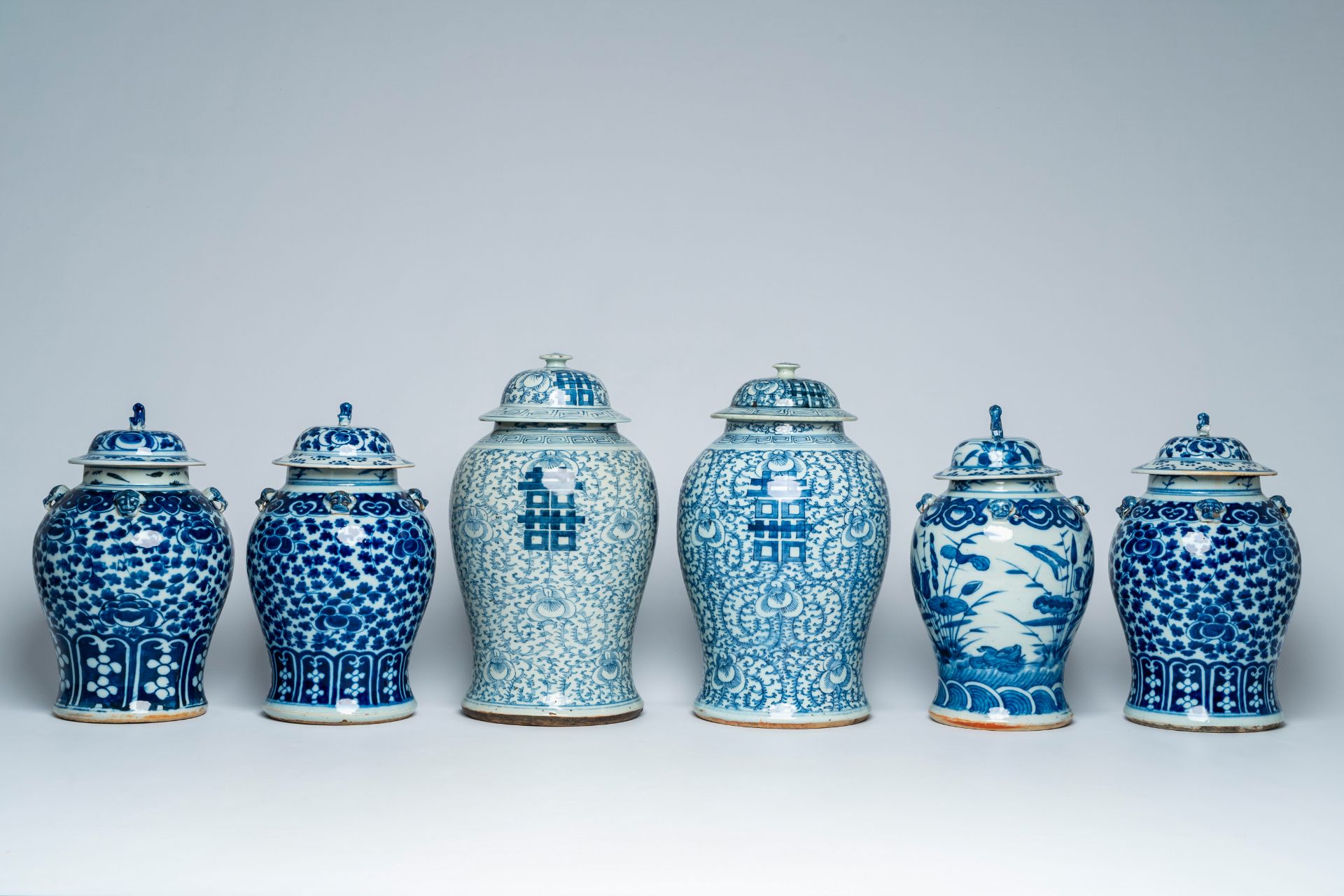 Six Chinese blue and white vases and covers with 'double happiness' and floral design, 19th/20th C. - Image 3 of 9
