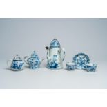 Two Chinese blue and white teapots, a chocolate jug, two cups and a saucer with floral design, Kangx