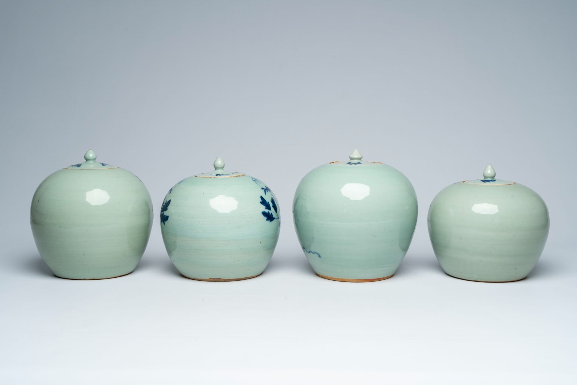 Four various Chinese blue and white celadon ground jars and covers, 19th C. - Image 4 of 9