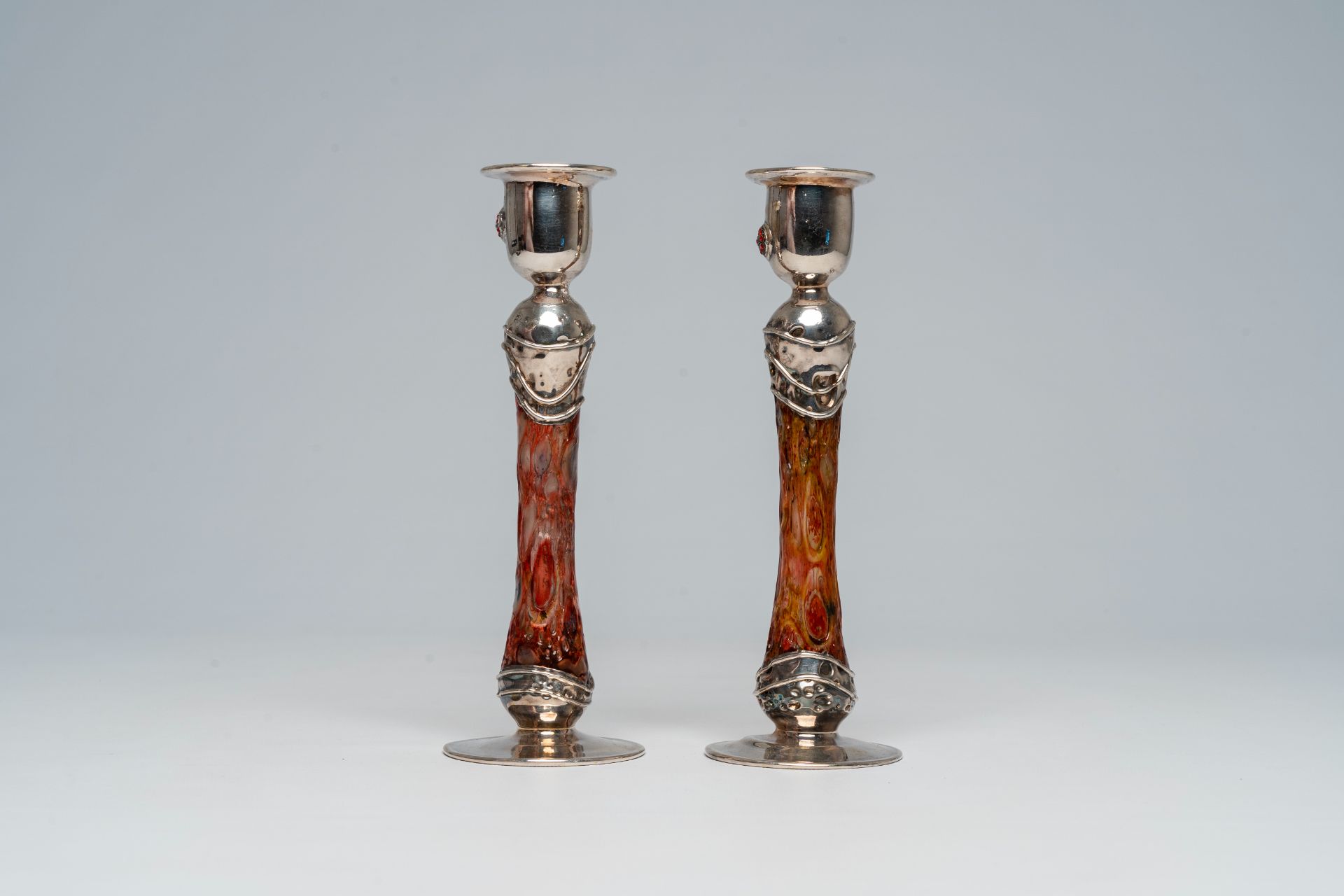 A pair of English or Scottish Arts & Crafts style silver and glass candlesticks, 20th C. - Image 3 of 11