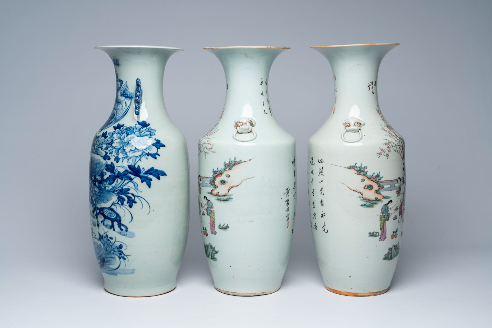 A pair of Chinese famille rose vases with ladies at leisure and a blue and white celadon ground 'dee - Image 2 of 5