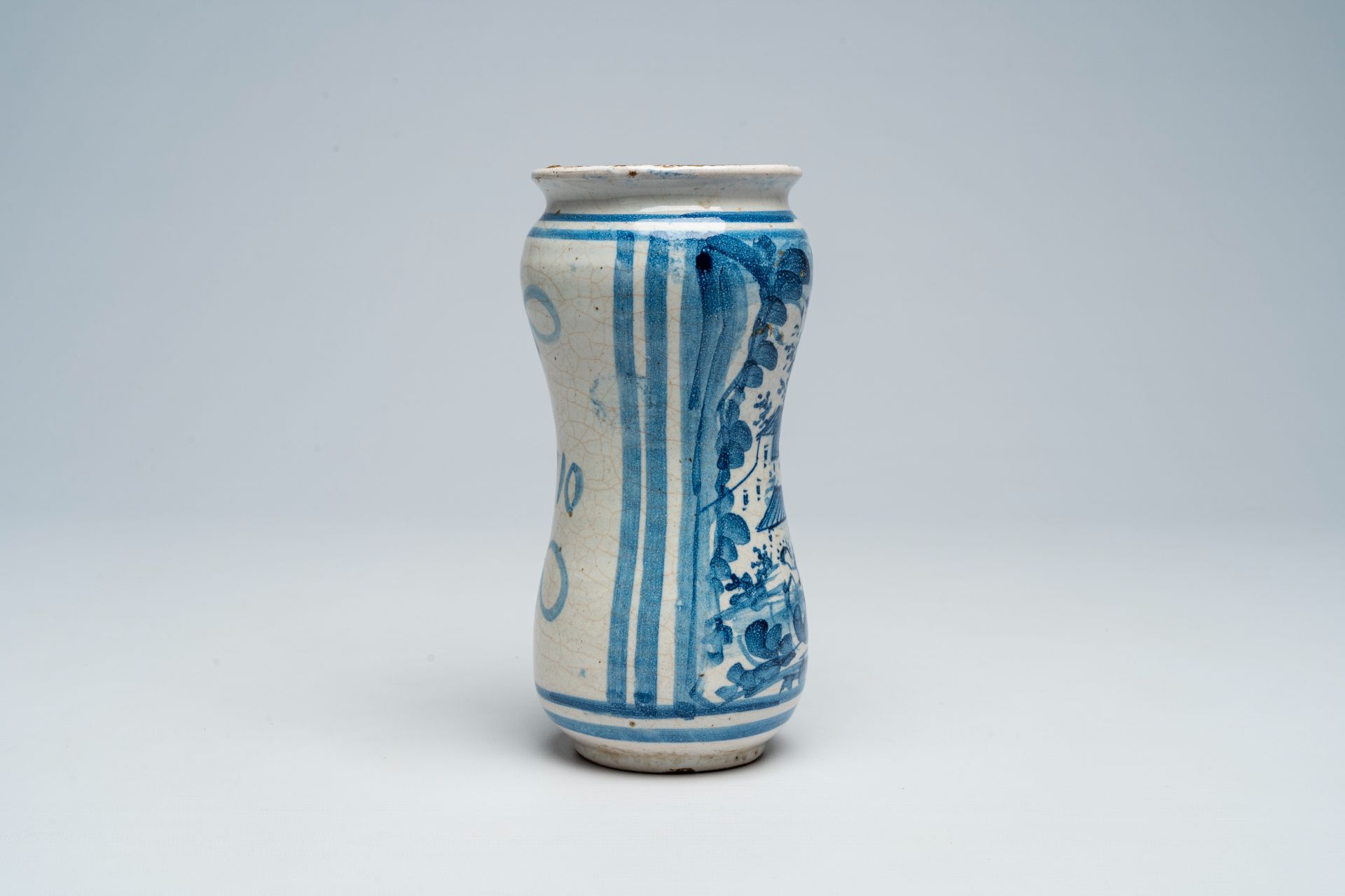 An Italian blue and white albarello with a landscape, dated 1710 - Image 4 of 6