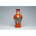 A Chinese red coral ground famille rose 'Immortals' baluster vase, Qianlong mark, Republic